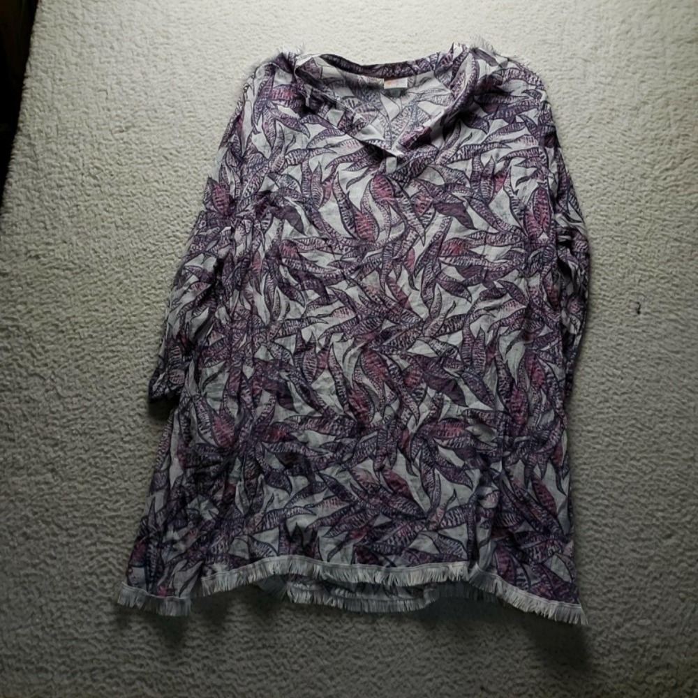 LuLaRoe Blouse Womens Plus 2XL Purple V Neck 3/4 Sleeve Floral Fringe Tunic Top